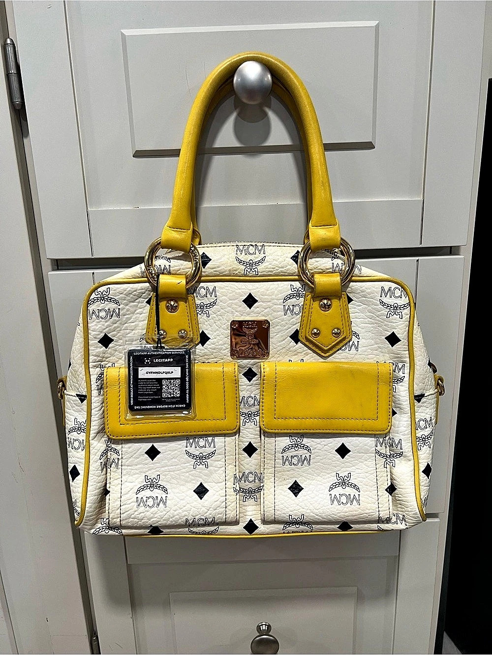 MCM Boston Satchel White & Yellow